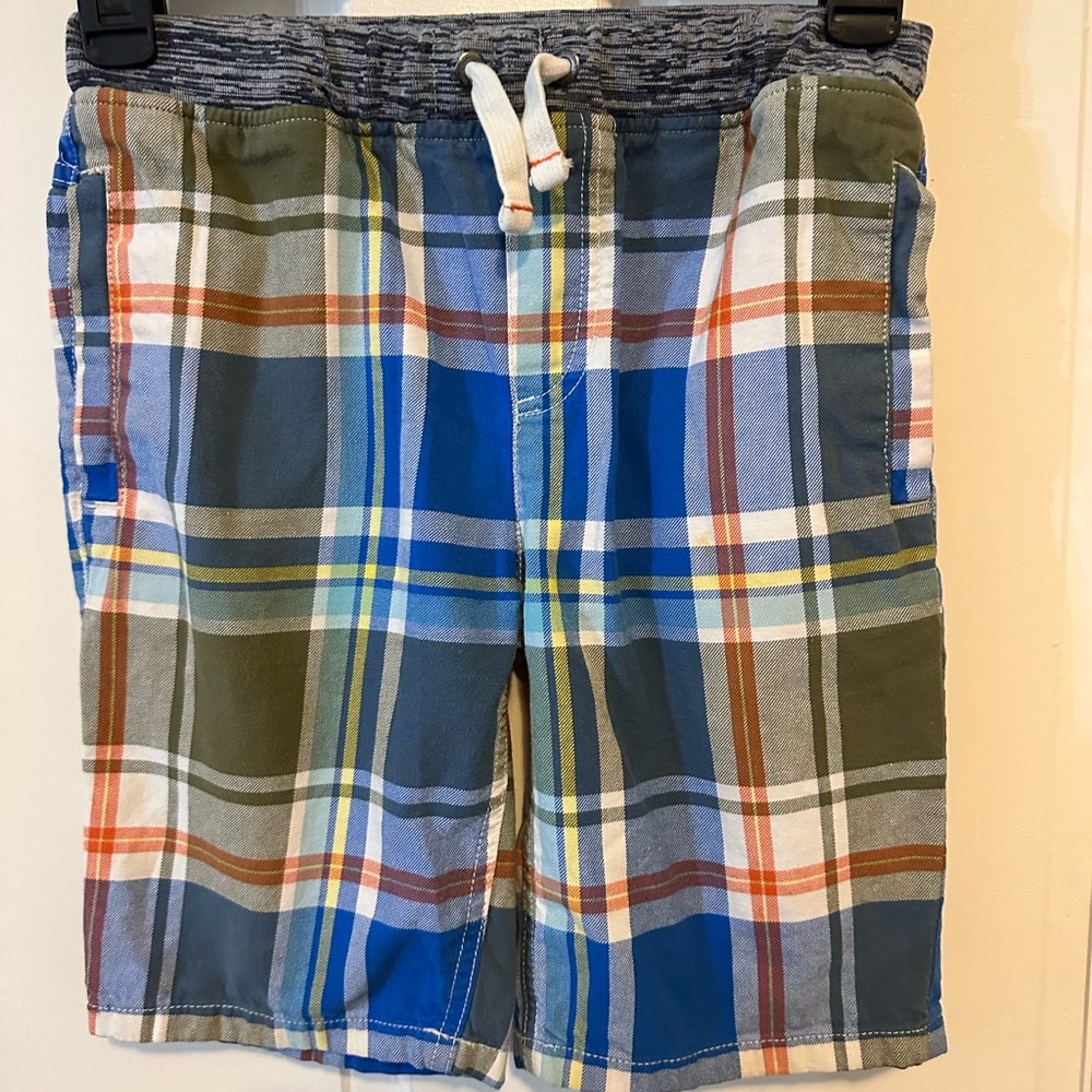 BODEN 9Y Boys Plaid Green Blue Orange Shorts, Drawstring Waist